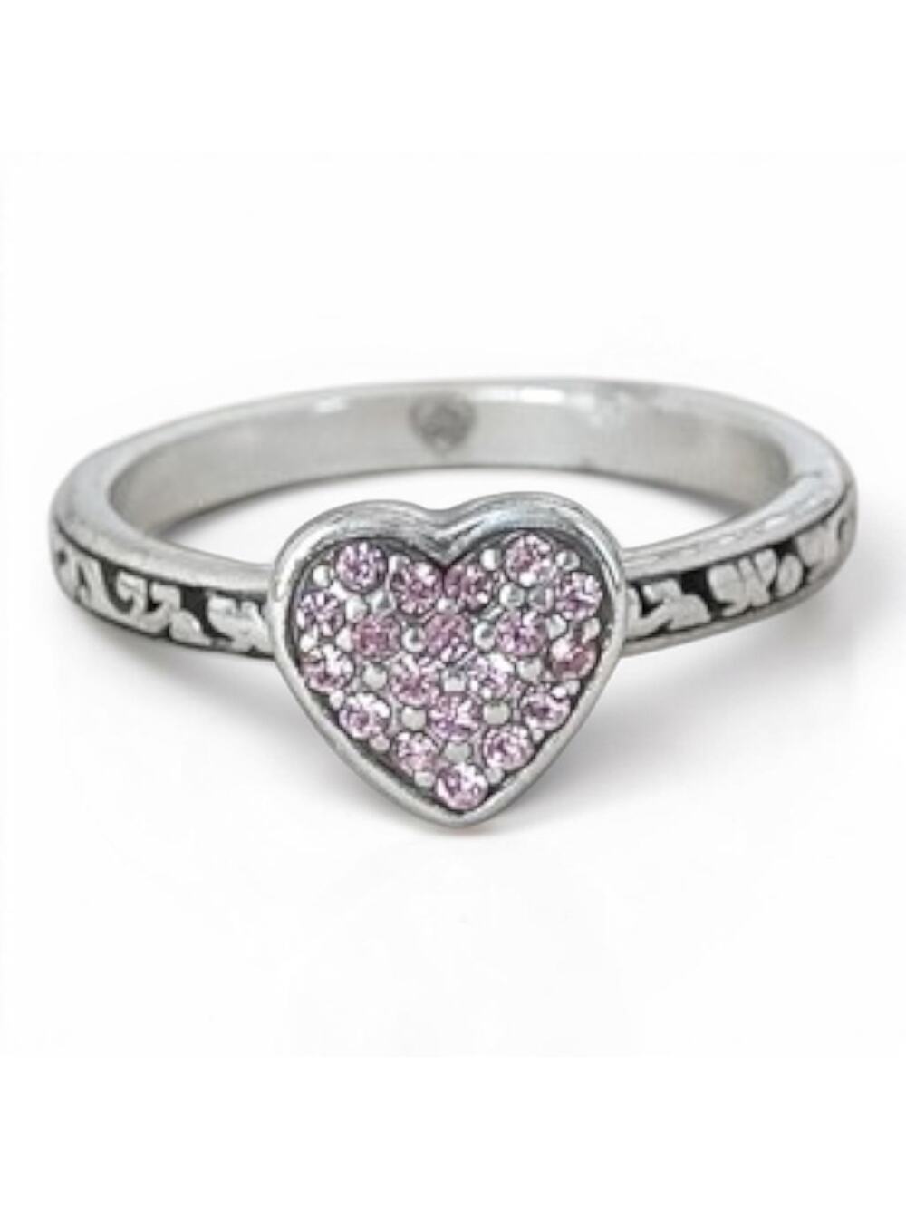 Brighton Rock Romance Filigree Ring Pink Crystal Pave Heart Silver Retired SZ 9